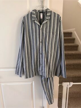 HANRO Men’s Cotton Pajama Set Size M – Gray Striped – Long Sleeve